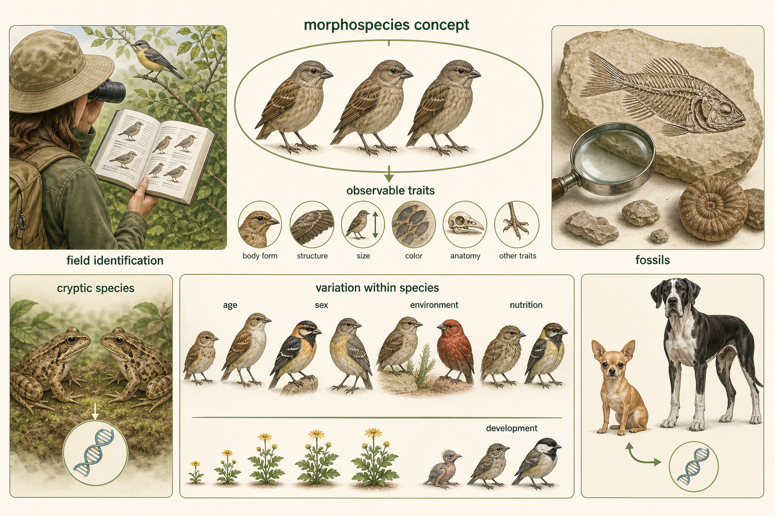 Organisms are grouped by visible traits, with examples showing cryptic species and wide variation within one species.