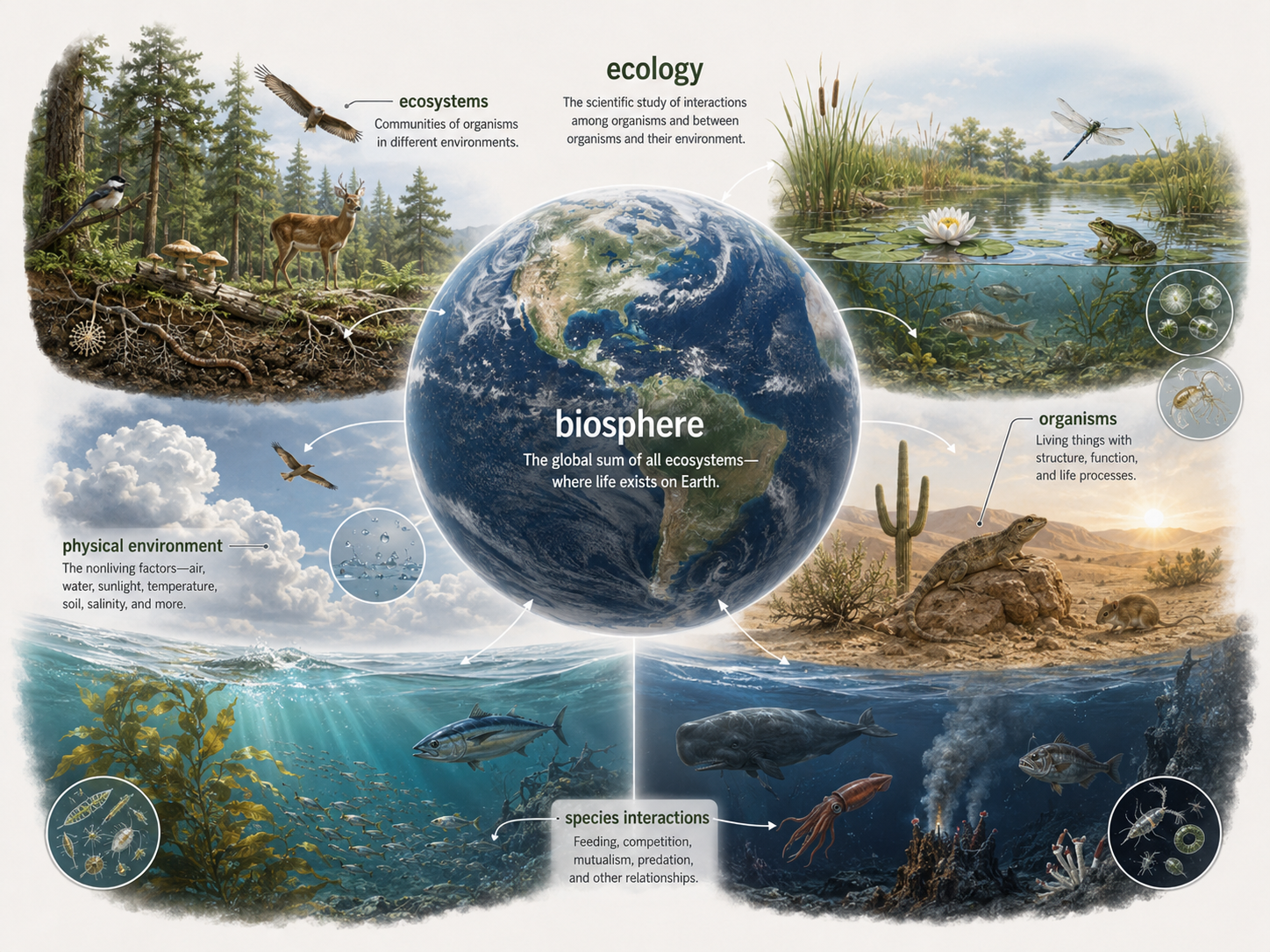 Alt text: Earth is shown with connected ecological scenes including forest, pond, desert, ocean, atmosphere, and deep ocean. Labels and subtle lines show organisms interacting with physical conditions and with other species.
