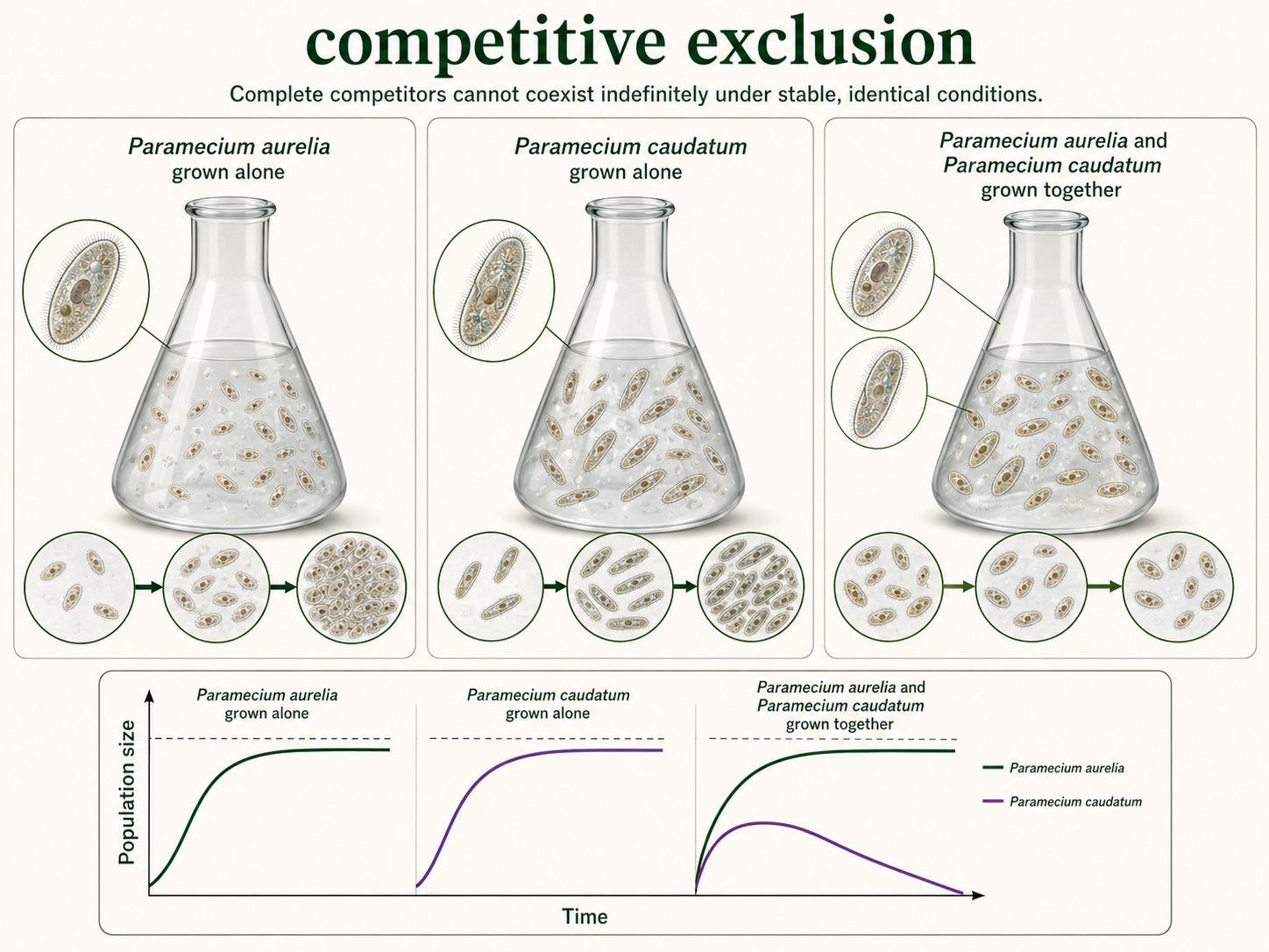 Three lab culture panels compare two Paramecium species. Each species grows when cultured alone, but when both species are grown together, one increases while the other declines. A small graph shows the population pattern over time.