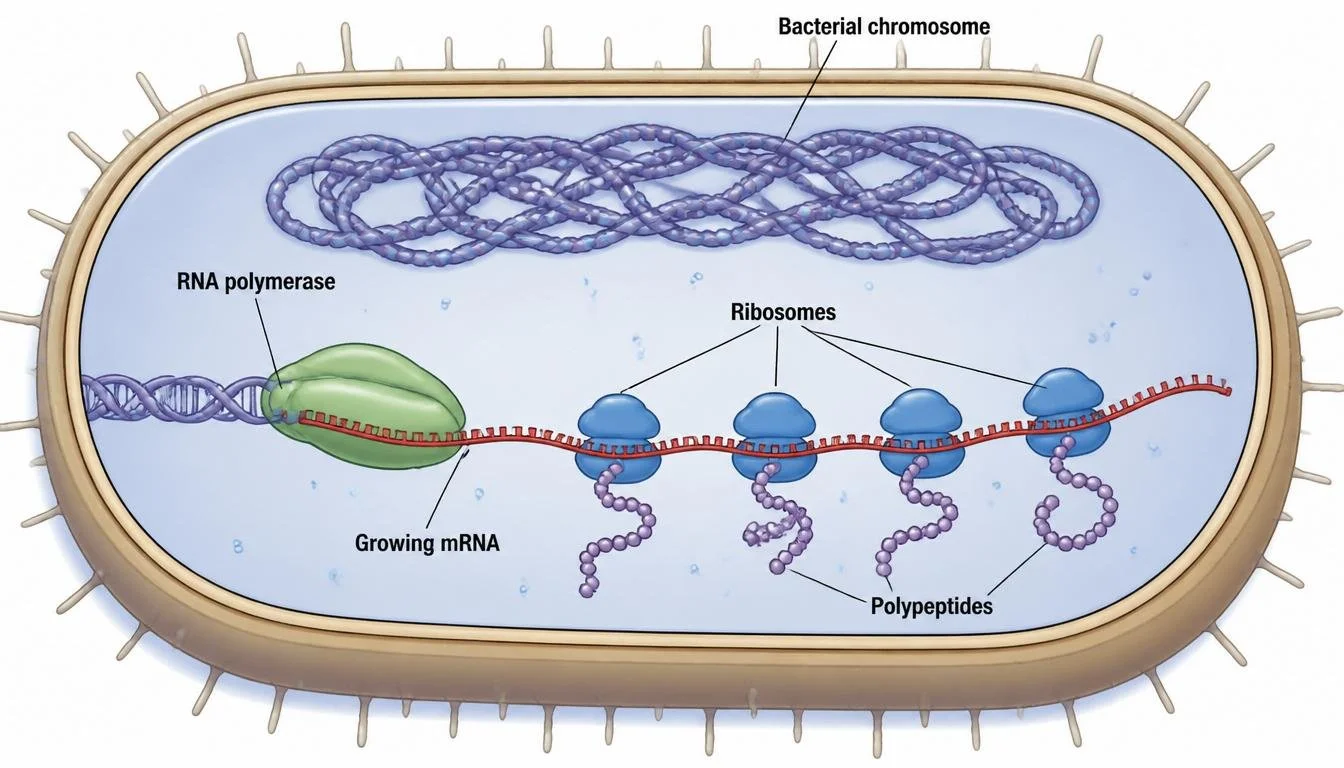 Because bacteria lack a nucleus, transcription and translation can occur simultaneously.