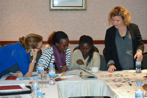 Peggy Clark and Katie Drasser from the Aspen Institute assisting members of Indego Africa map their value chain