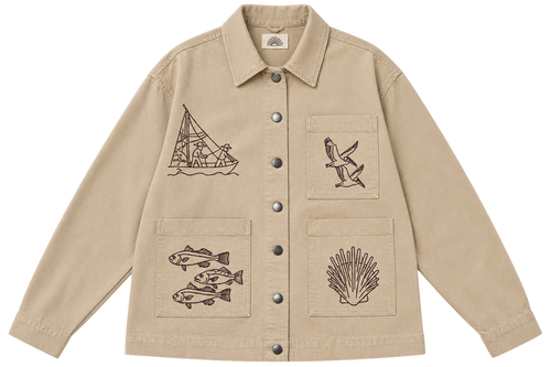 Beige jacket with illustrated patch pockets