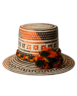Patterned woven hat with colorful pom-poms