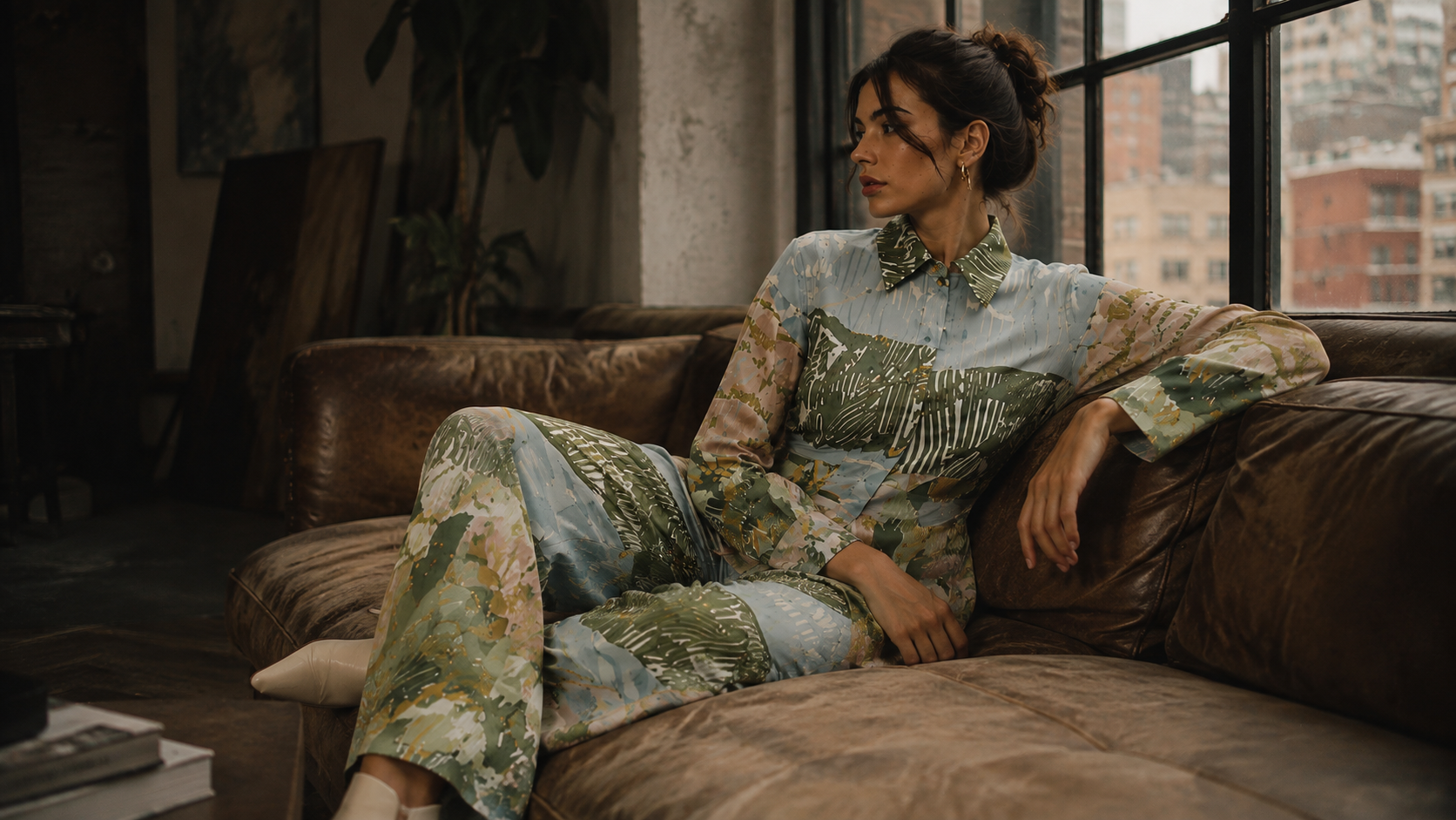 Woman wearing a blue and green artisan-printed matching set, seated on a leather sofa