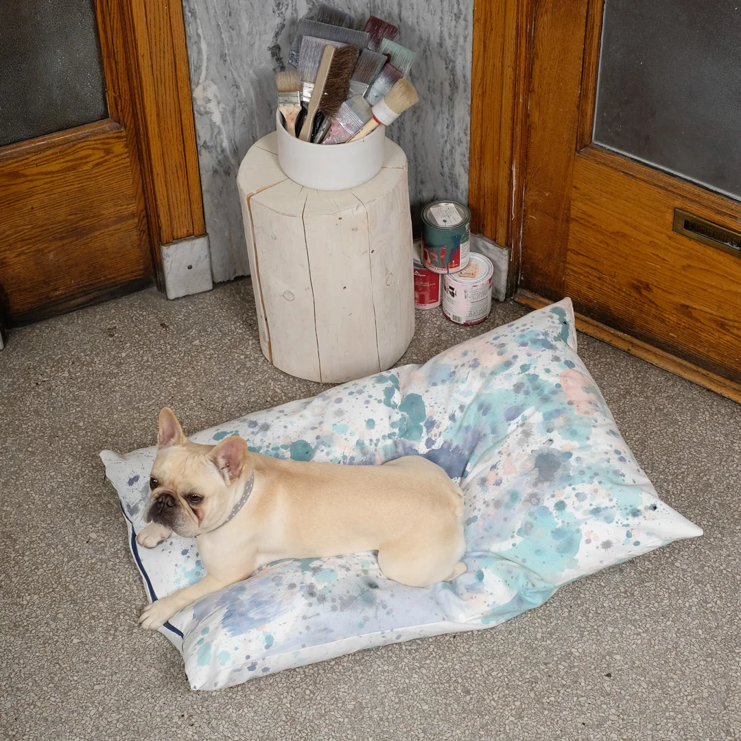 Dana-Mooney-Vancouver-Artist-Medium-Dogbed-Dogmodel-Blue-Paint-Splatter