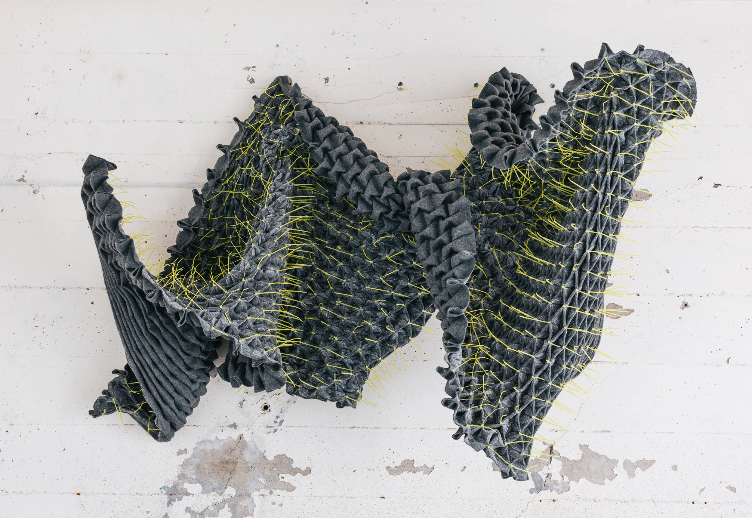 MORPHUES : BLOCK PRINTED ECO FELT, SMOCKED WITH DYED ZIP TIES. 5’ X 16’ - PRIVATE COLLECTION