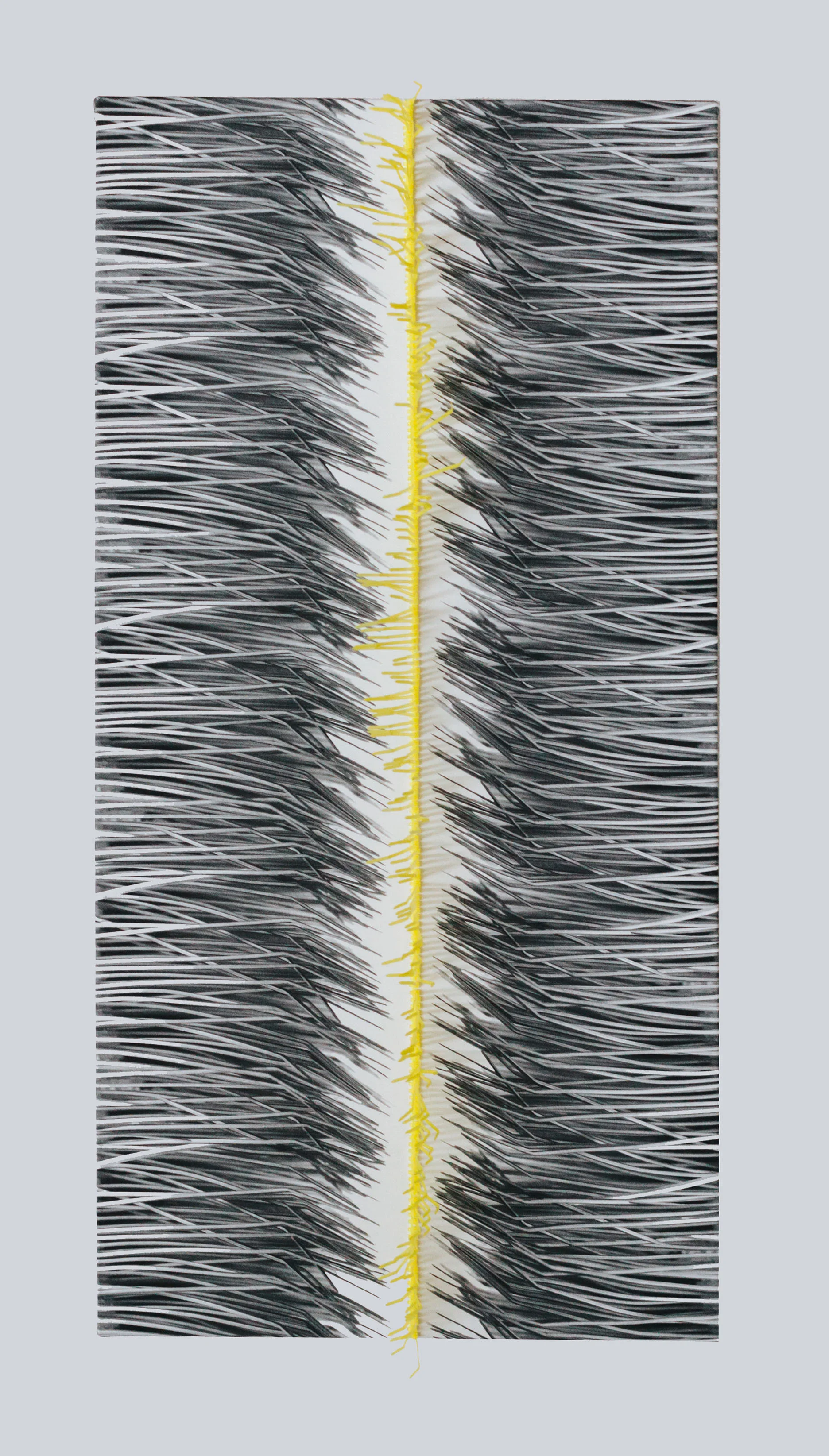 YELLOW LINE : DIGITAL PRINT ON RECYCLED POLYESTER WITH DYED ZIP TIES. 18” X 36” X 2”