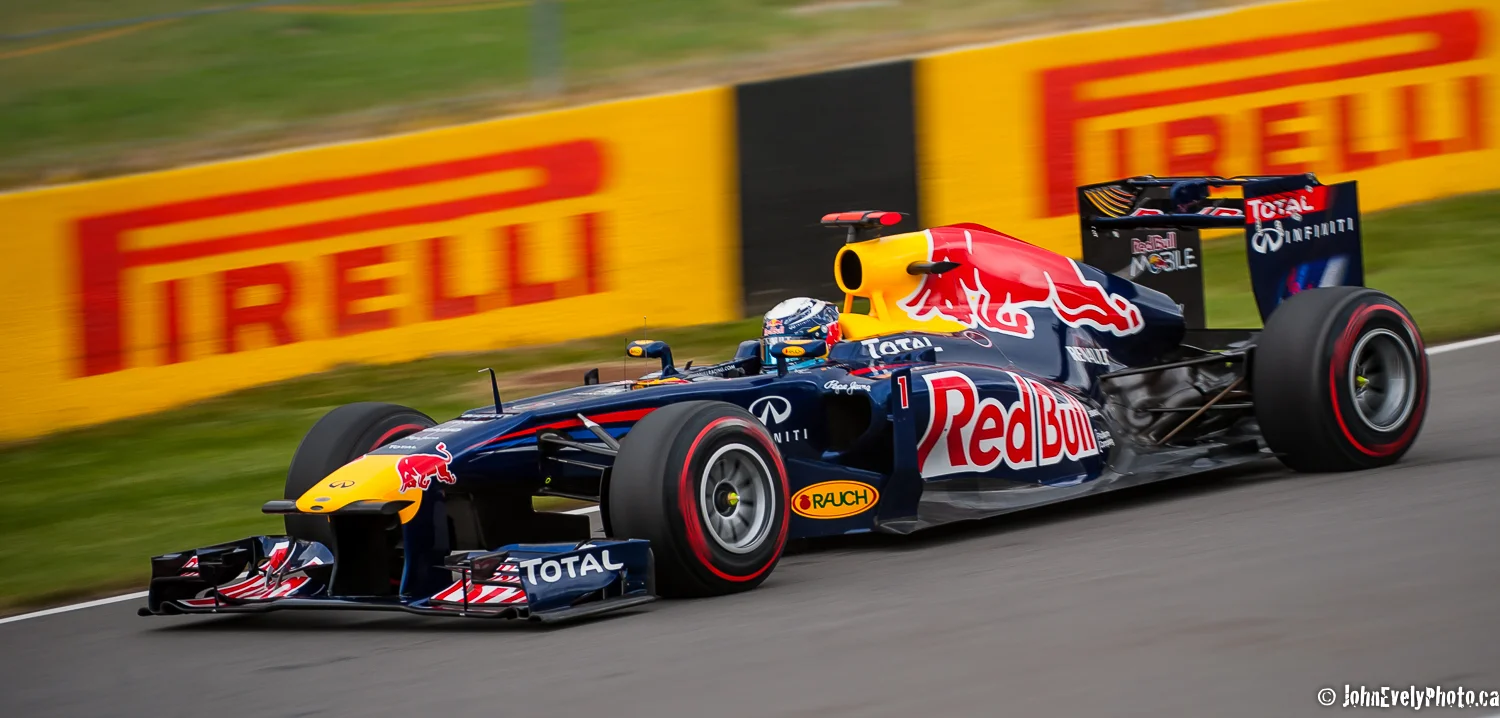 Sebastien Vettel at 330 km per hour on the Start/Finish straight-away in Montreal.