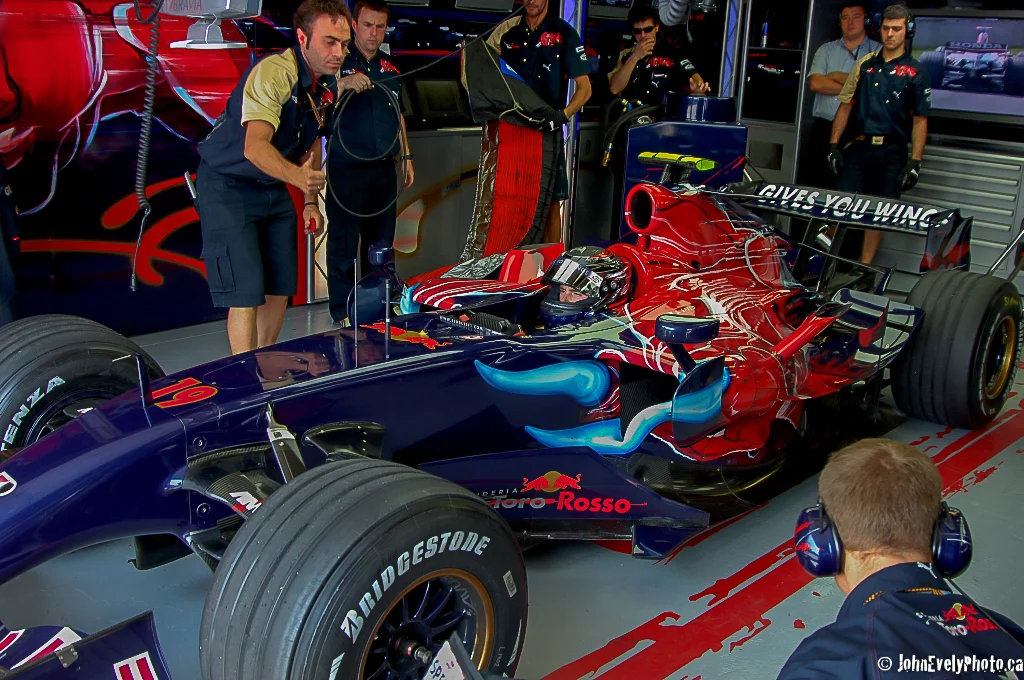 Scott Speed gets the thumbs up to leave the Toro Rosso garage and get back on track.