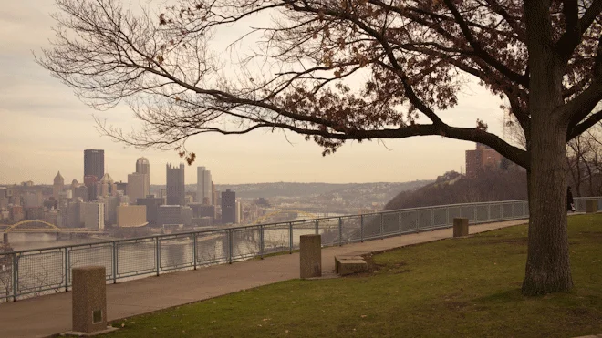 PHOTO CREDIT: Above is a photo of the West End Overlook and downtown Pittsburgh beyond. Photography by Sarah Le for Reel-Scout, Inc. - all rights reserved.