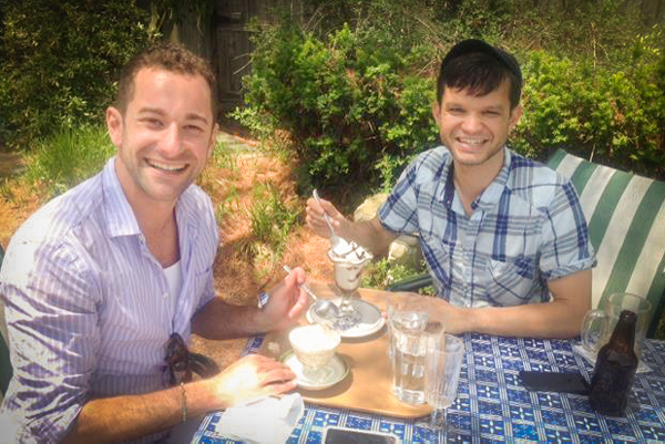 PHOTO CREDIT: Ethan Tobman and Will, from the production design team of And So It Goes, enjoyed desserts on the terrace at Bloodroot. Photo is from the official Bloodroot’s Facebook page.