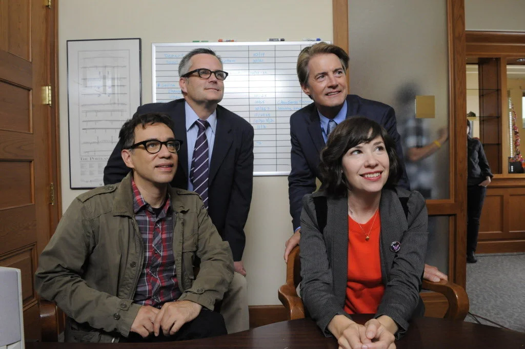 PHOTO CREDIT: Above photo of Mayor Sam Adams and the Portlandia cast (Fred Armisen, Carrie Brownstein, Kyle MacLachlan as the fictional mayor of Portland) is from here .
