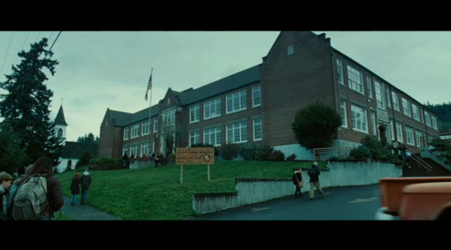 PHOTO CREDIT: The above is a screenshot of a scene filmed at Kalama High School (used for the exterior shots of Forks High School).