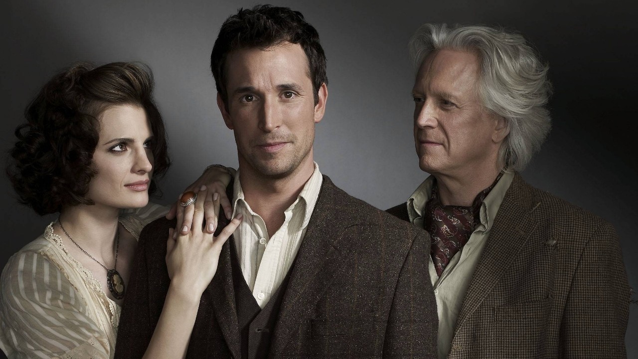 The cast of The Librarian: Curse of Judas Chalice (2008): Stana Katic, Noah Wyle, and Bruce Davison. Image via Google .