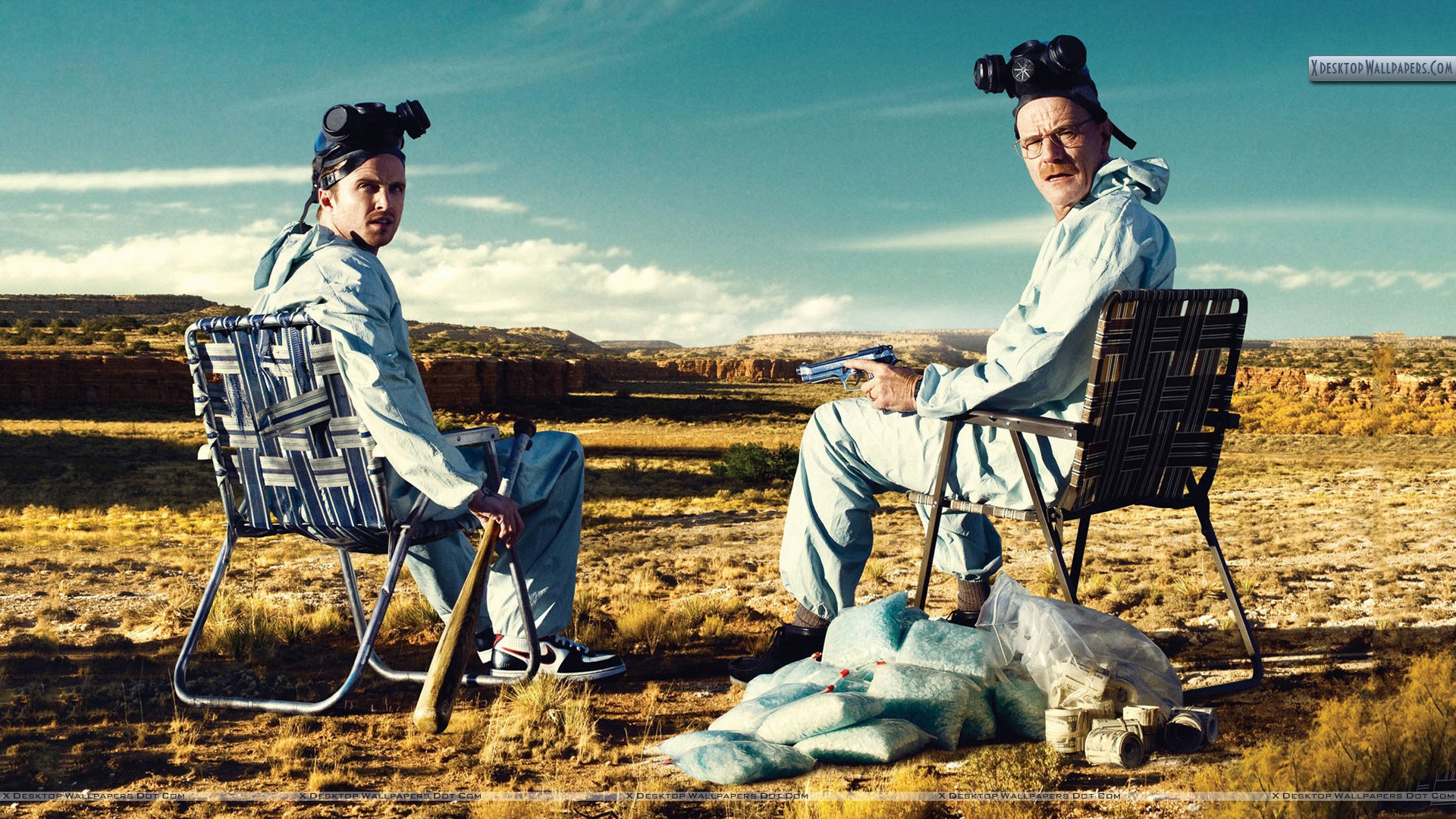 Production still from Breaking Bad of Aaron Paul and Bryan Cranston - with the iconic Albuquerque landscape behind them. Image via Google .