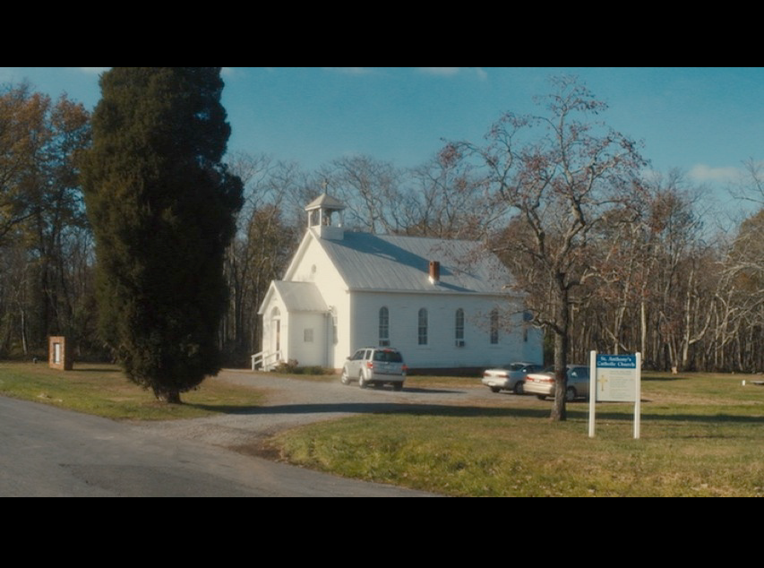 Screenshot from Philomena of the church where Philomena and Martin stopped in for a brief visit. In real life this location is St. Paul's Community Church in Poolesville, MD.