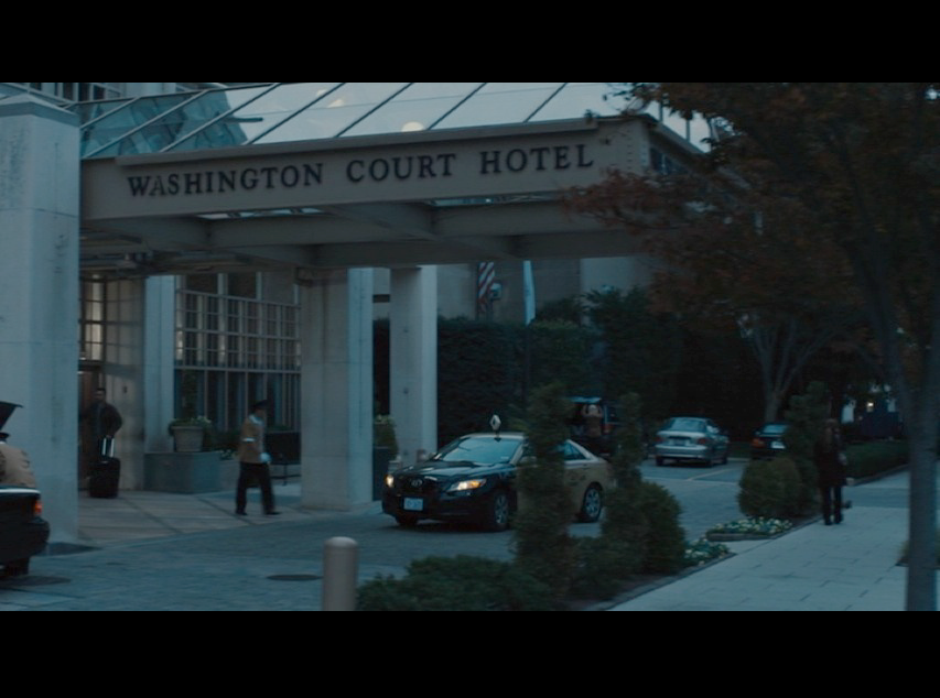 Screenshot from Philomena of Martin's car puling up in front of the Washington Court Hotel in Washington, D.C.