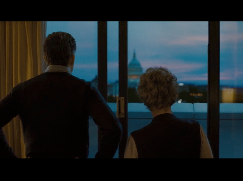 Screenshot of Martin and Philomena standing in her "D.C. hotel room," but the scene was actually filmed in a Marriott in north London.