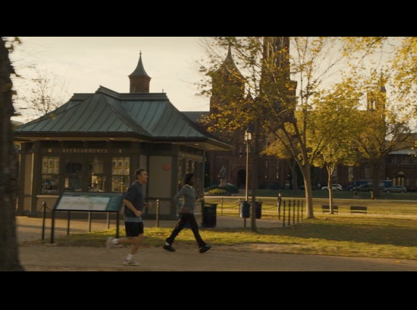 Screenshot from Philomena of a scene of Martin jogging filmed on the National Mall.