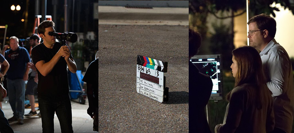 Director John Krasinski, Anna Kendrick and producer Tom Rice on the set of The Hollars , filmed in Jackson, Mississippi.