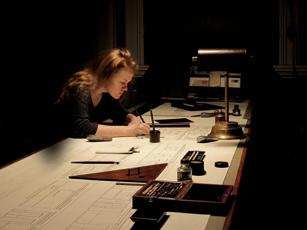 Annie Atkins, the graphic designer for The Grand Budapest Hotel, hard at work in one of the offices on the upper floor of the Görlitz Warenhaus Department Store. Image via The Indepent.