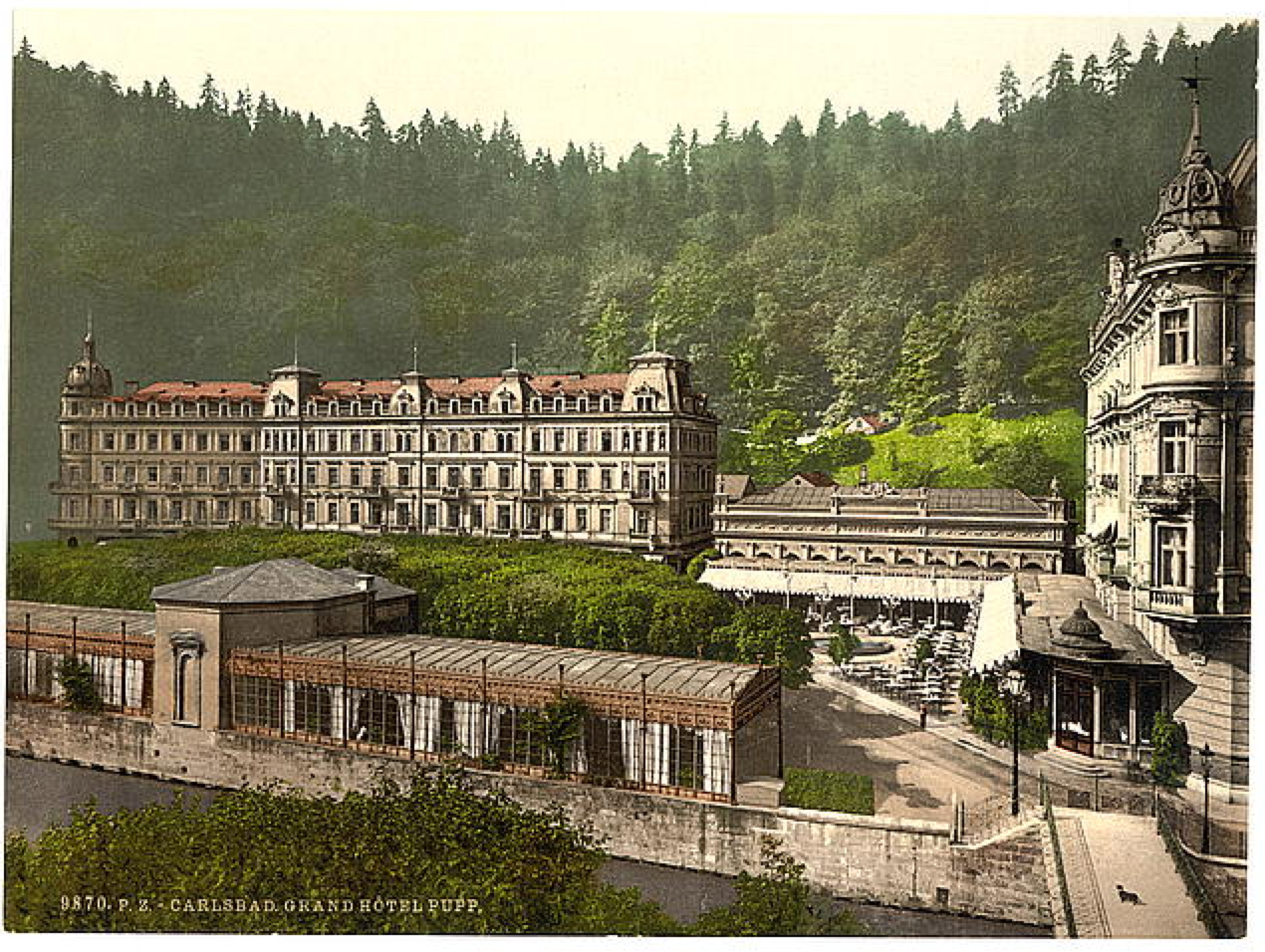 A photochrome print of the old Grandhotel Pupp in Carlsbad - image via the Library of Congress.