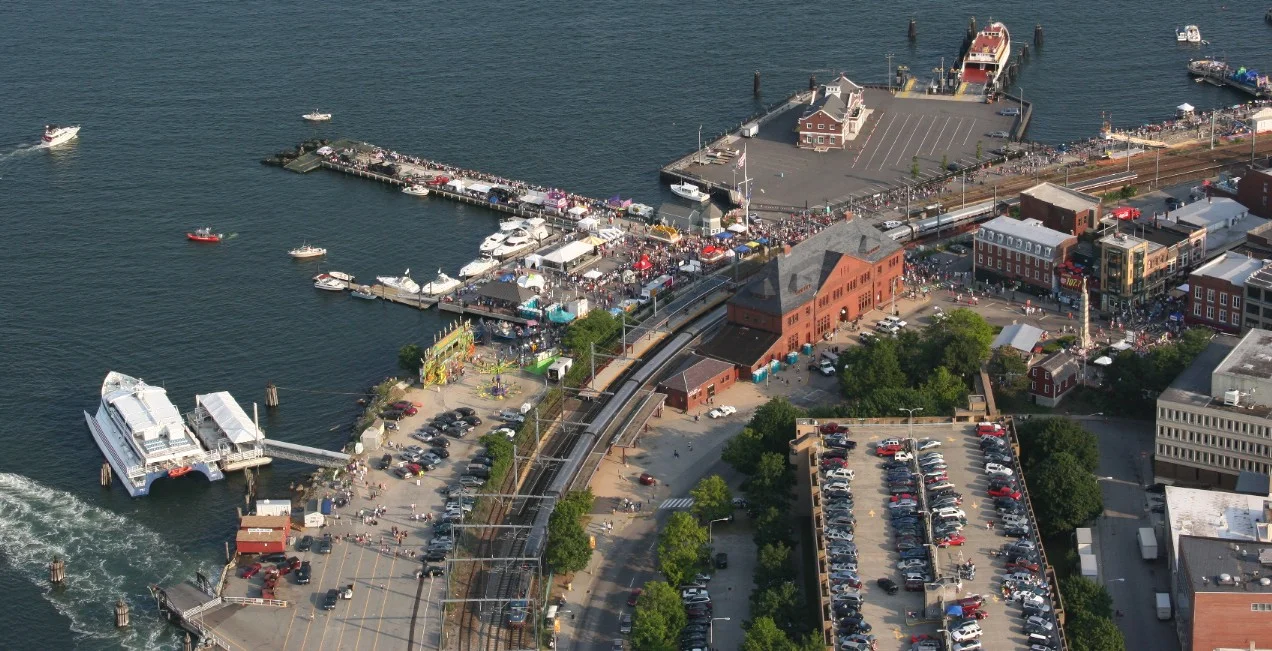 Aerial view of New London's waterfront area, by Union Station. Image via Google.