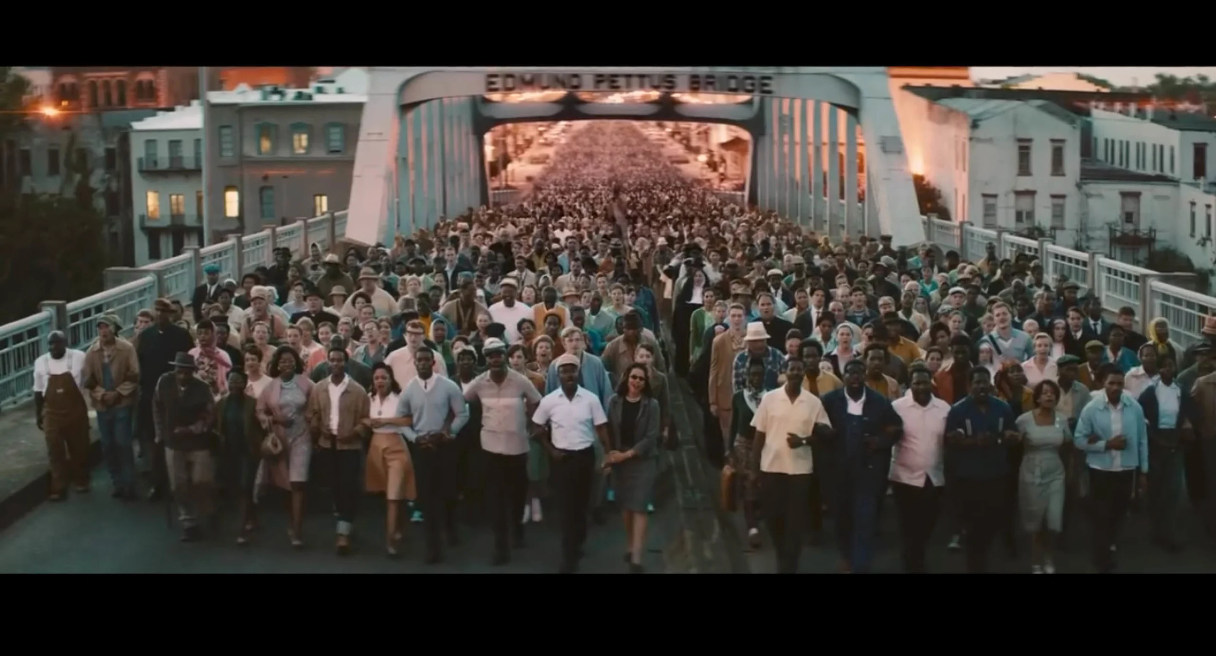 Screenshot from Selma of the second march scene filmed on location on the Edmund Pettus Bridge in Selma, Alabama.