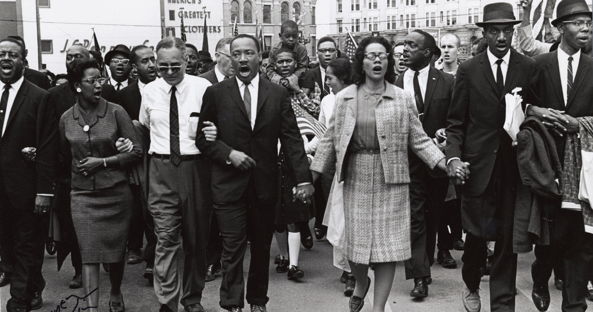 A photo of the historic Selma to Montgomery march in 1965 with Dr. Martin Luther King, Jr. and Mrs. King in the center - taken by photographer Spider Martin now displayed at The Levine Museum . For more photos from this historic event, visit the photography exhibit currently on display at The Levine Museum of the South .