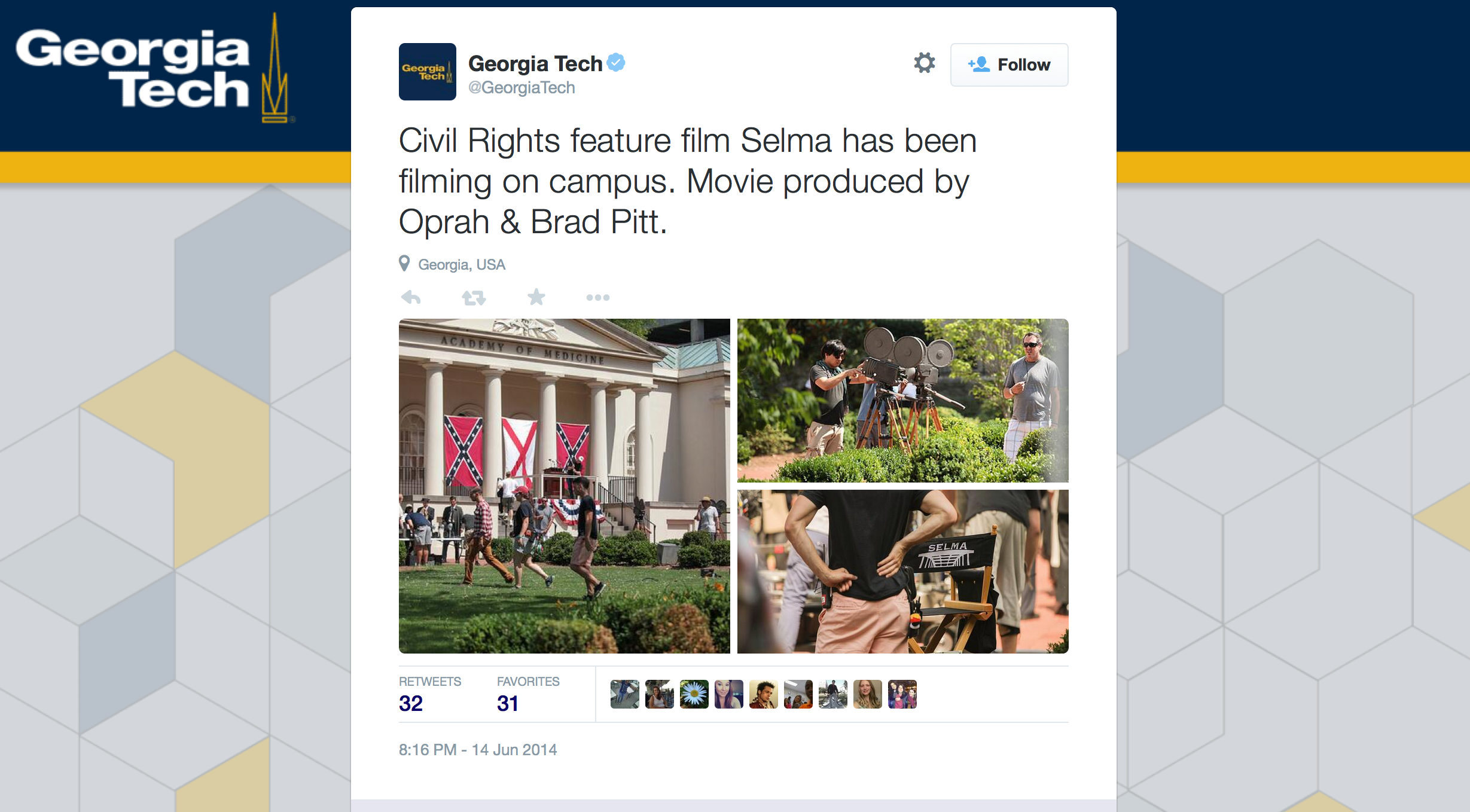 A tweet from Georgia Tech documenting the filming of Selma on campus on June 14, 2014.
