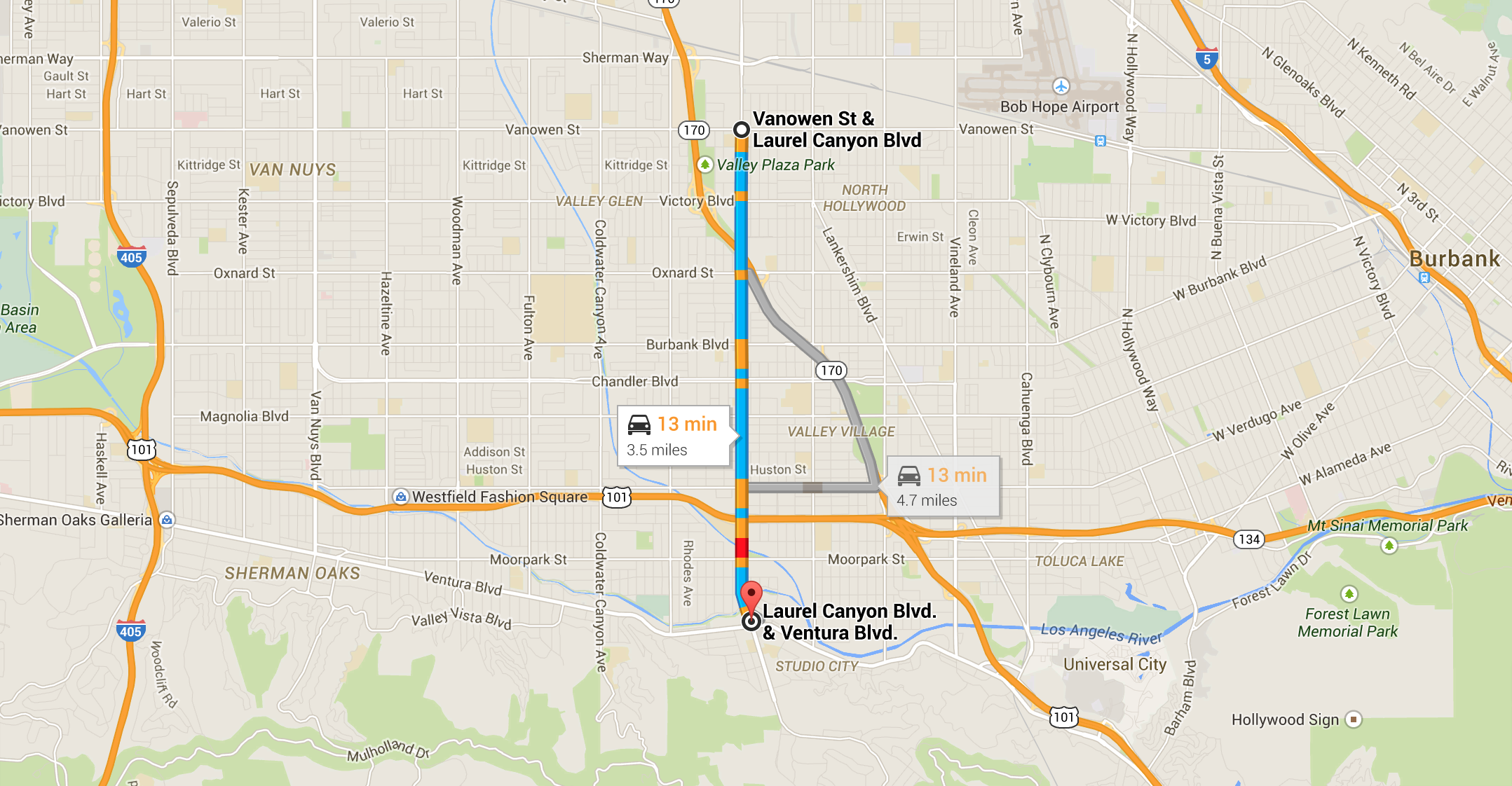 The 10 blocks on Laurel Canyon Boulevard where Nightcrawler was filmed. Map via Google .