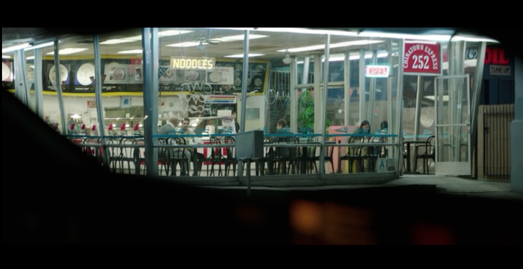 Screenshot from Nightcrawler of the crucial scene at Chinatown Express - in real life the restaurant is Pioneer Chicken Restaurant on South Western Avenue, Los Angeles.