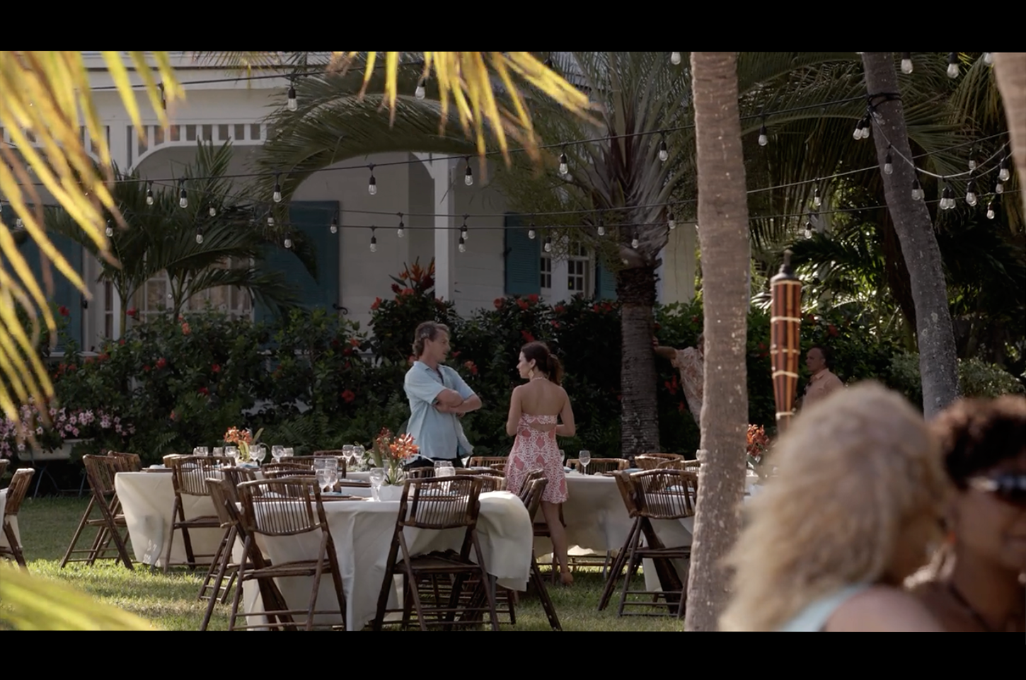 Screenshot from Bloodline of a scene filmed on the lawn in front of The Rayburn House (in real life The Moorings Village & Spa).
