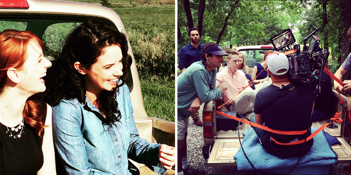 Laura Spencer (left) and Velinda Godfrey (right) on the set of Heartland (first photo). Cinematographer Michael Dallatorre securely roped to the truck so he could film a scene in a moving car (second photo). Both photos are from Heartland's Instagra…