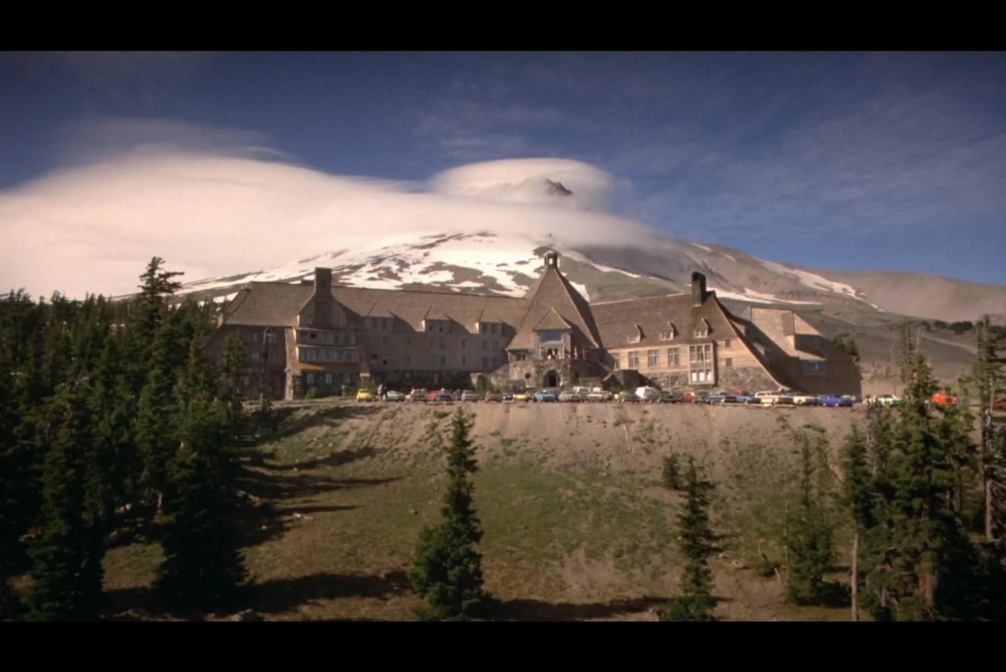 Screenshot from The Shining featuring&nbsp;the Timberline Lodge in&nbsp;Oregon which stands in for the exterior of The Overlook Hotel in the movie.