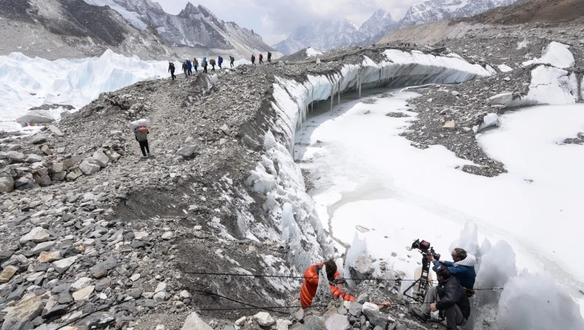 Second Unit Director of Photography Kent Harvey and his team filming on Mount Everest - image via Google.