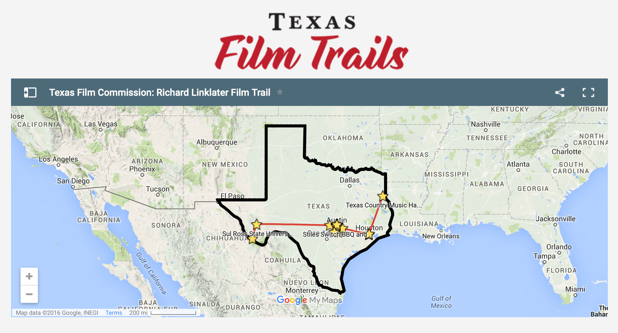 The map of the Richard Linklater Texas Film Trail, launched by the Texas Film Commission.
