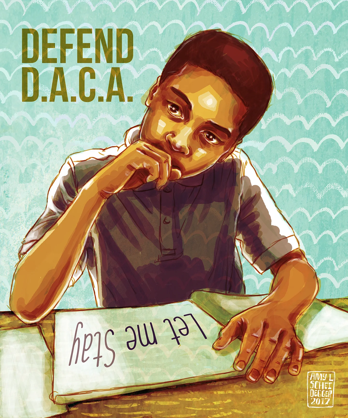 Let Me Stay - Defending DACA It makes NO sense to expel talented, driven, patriotic young people from the only country they've ever known solely based on the actions of their parents. Many have no idea they’re undocumented until they apply for a job, or college, or a driver’s license. Where are we supposed to send these kids and young adults? To countries they don’t know or remember? Countries their parents fled because of war or violence? Call your senators and urge them to DEFEND DACA Digital Illustration. Created September, 2017
