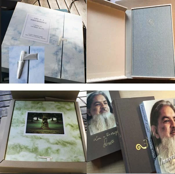 Top left clockwise: Box with ribbon and bone toggle closure, clamshell box with hard cover book inside, Slipcase on bottom, hard cover and then soft cover of mixed run, Mailing carton with box with toggle closure and tipped on image inside. Hard cover book inside the box.