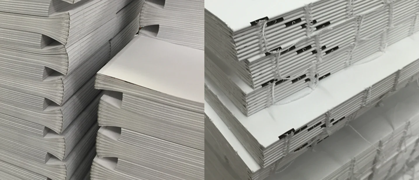 Left: Stacks of Smythe sewn books ready for the cover, with detail of the sewing on the right.