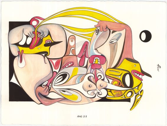 2012-03-03, mixed media on paper, by Michael Nicoll Yahgulanaas.