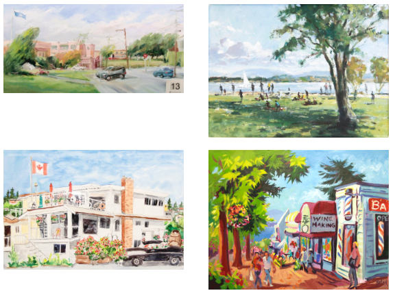 Artwork from previous Paint the Town events clockwise from the top left: Iryna Kharina, 1st Place 2015; Dale Byre, 1st Place 2016; Veronica Davies, 3rd Place 2016; Elizabeth Rollick, 1st Place 2017. | Image: Semiahmoo Arts.