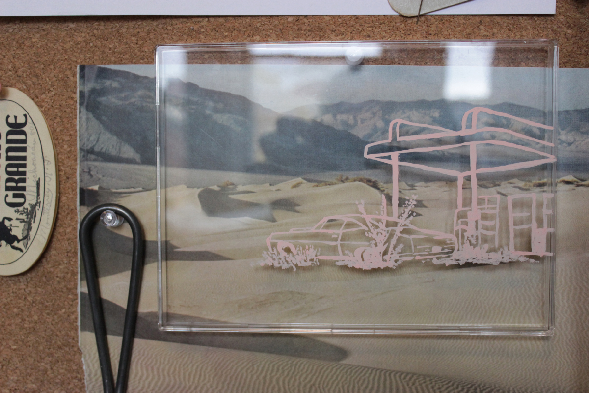 Abandoned Gas Station study 01 (in progress); gouache on plexi on bookpage on corkboard