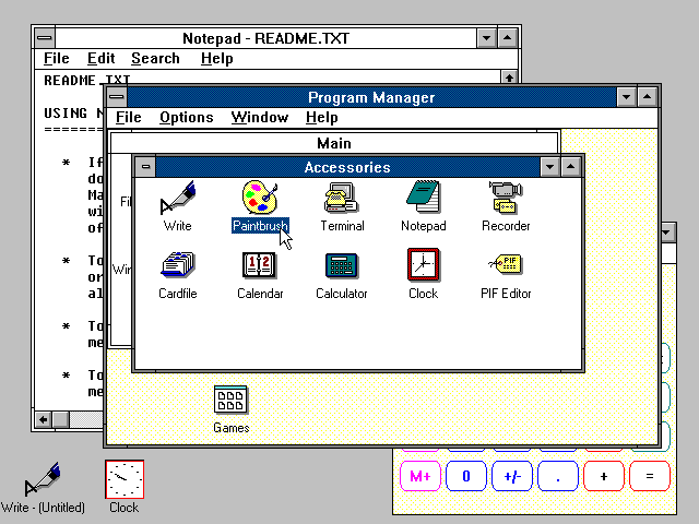 Icons as Shortcut metaphors for running applications, Minimize, Bar to Move Windows, Overlapping Windows.