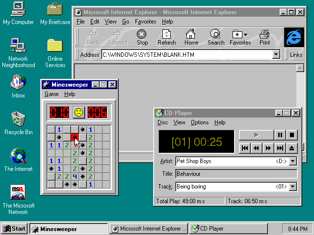 Iconic Close button, Start Menu, Full size and Minimize buttons, Permanent Desktop Shortcuts, Volume control, Notification Center with Time, File Manager replaced by "Windows Explorer" - Web browser. 