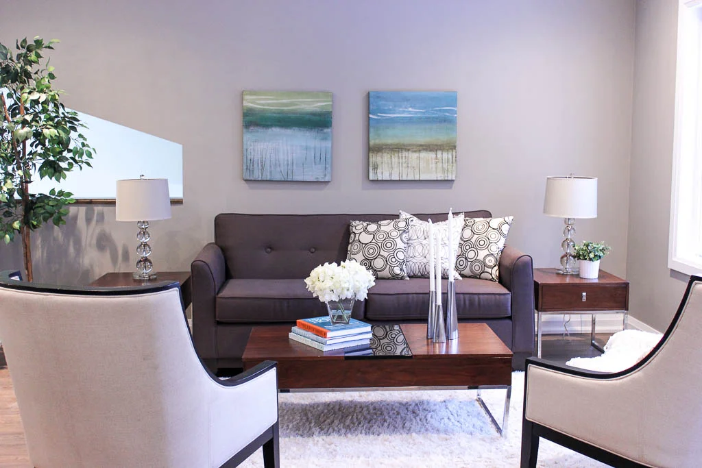 Home Staging provided by New Leaf Decor of living room -Luxury Barrie Real estate