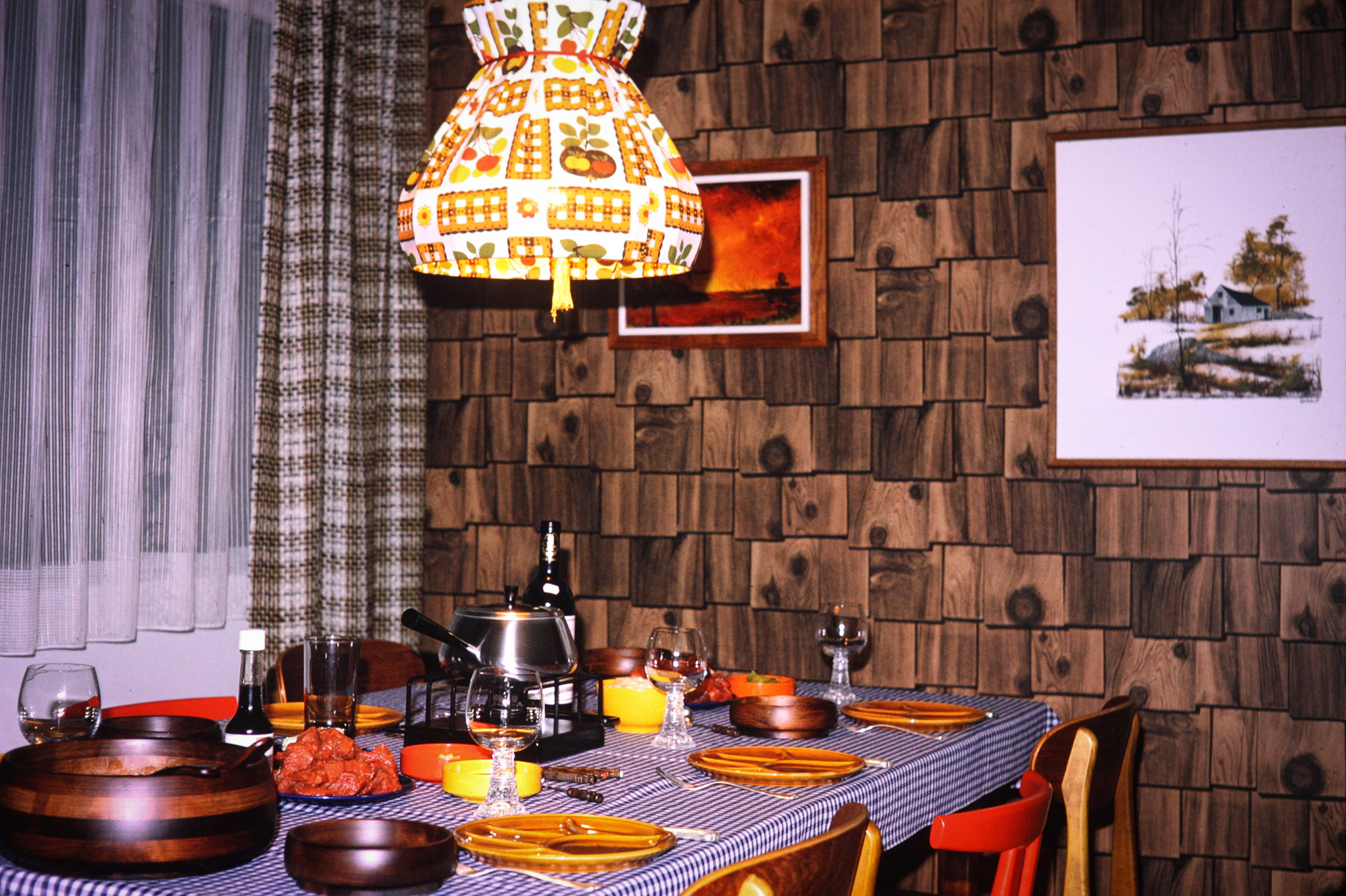 I grew up in apartments which we rented until my parents purchased this condo in Mississauga. We would spend holidays in rented cabins in cottage country and my mother loved the cozy cabin feel so she created it in our dining space. The "wood" wall is actually wallpaper which never intimidated my parents. I think we had wallpaper everywhere we lived! You can see my parents European influence here for sure! They were both German immigrants.