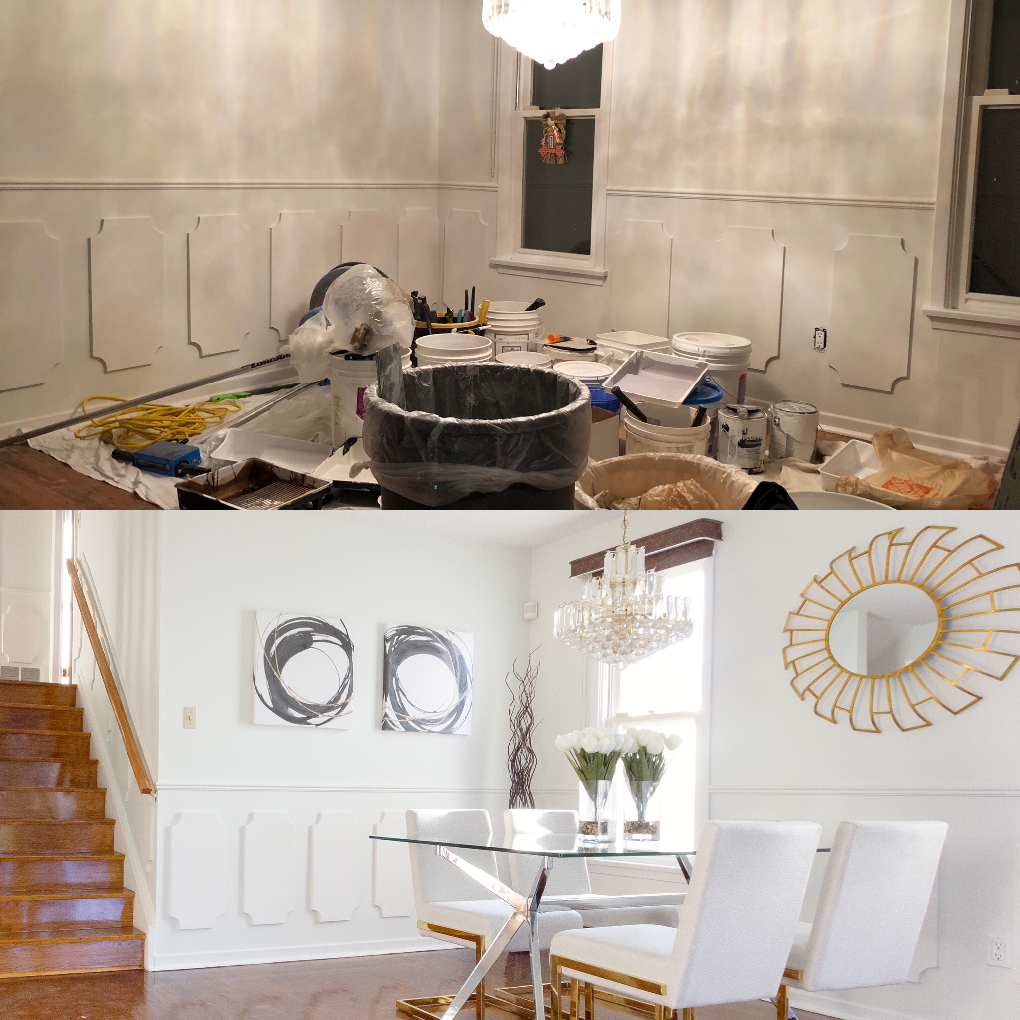 In the clients dining room, I had to work with the existing light fixture from the 80’s. Good thing gold is back in a big way! My goal was to update the space in a contemporary, bright way. Playing off the chandelier and white walls. Home staging isn’t about decorating. A strategic plan highlighting the selling features is a must.