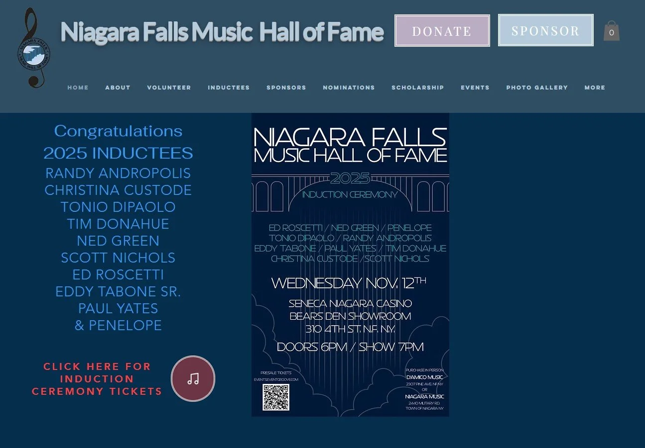 Website notice of Randy Andropolis' induction into the Niagara Falls Music Hall of Fame on November 12, 2005.