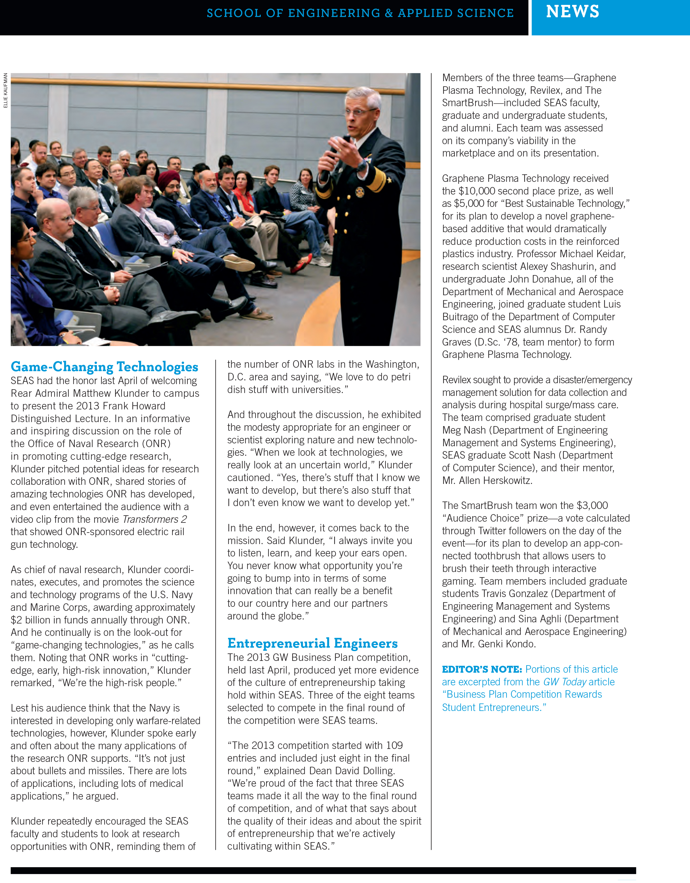 Rear Admiral Matthew Klunder speaks at the 2013 Frank Howard Distinguished Lecture, The George Washington University 